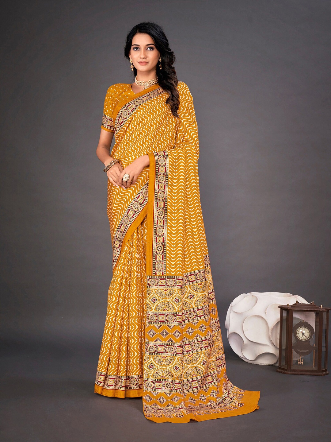 

KALINI Ethnic Motifs Printed Bagh Saree, Mustard