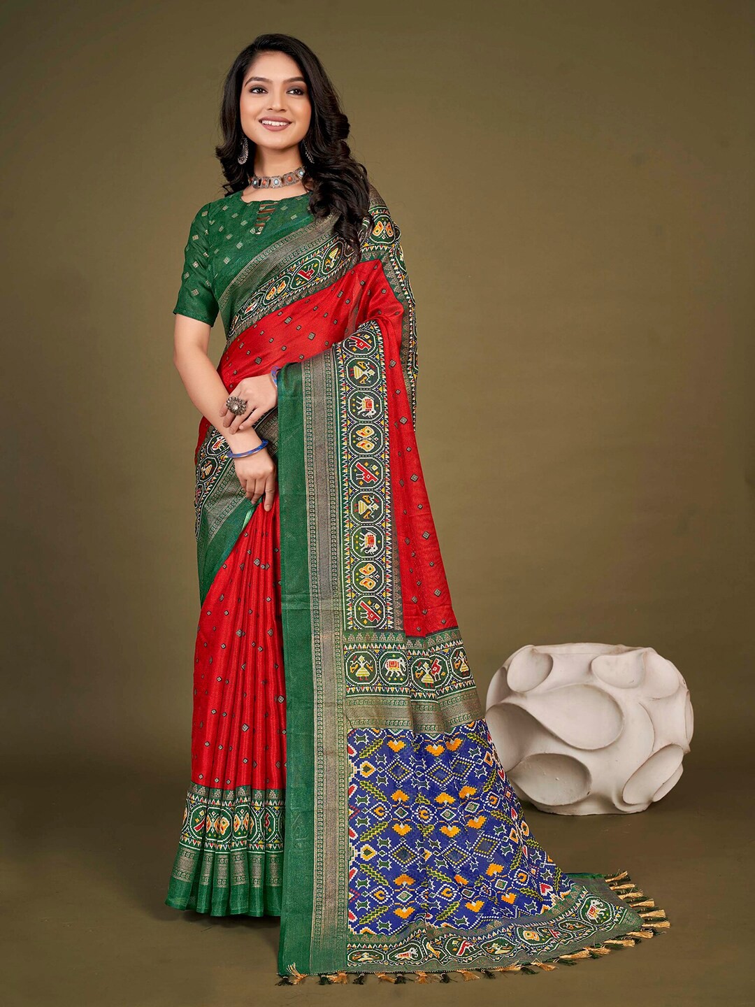 

KALINI Ethnic Motifs Woven Design Zari Jute Silk Patola Saree, Red