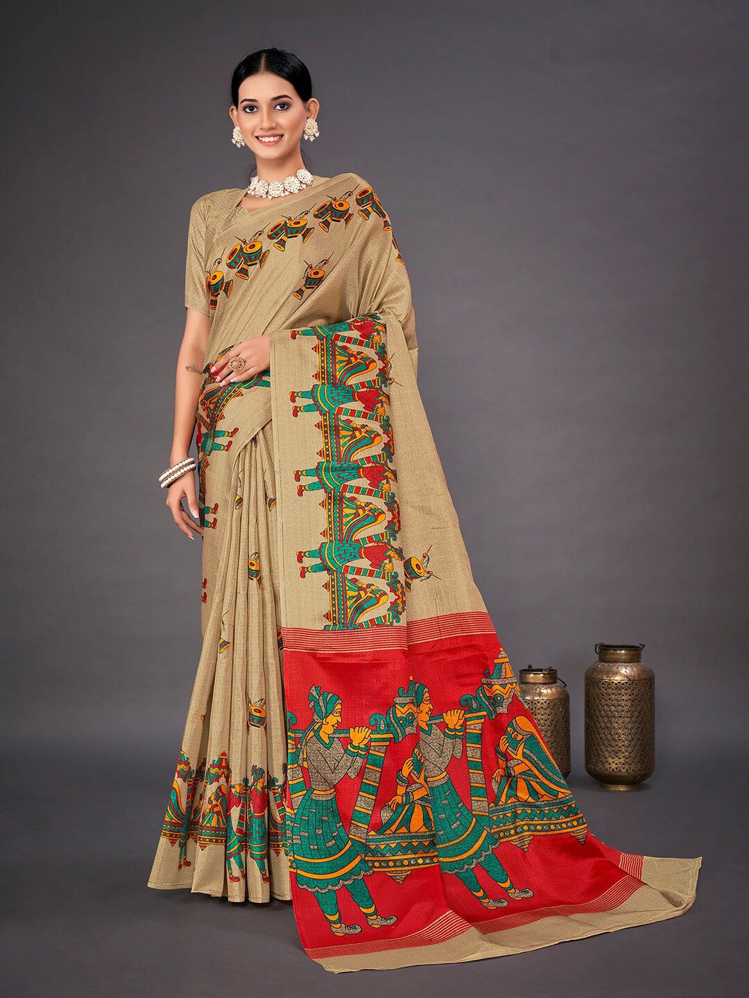 

KALINI Kalamkari Printed Art Silk Block Print Saree, Beige