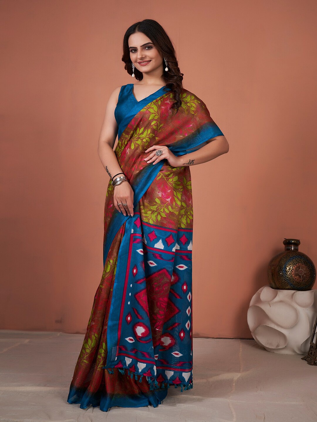 

KALINI Floral Printed Jute Block Print Silk Saree, Brown