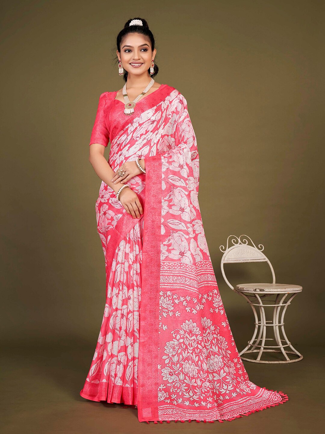 

KALINI Floral Printed Jute Silk Saree, Pink