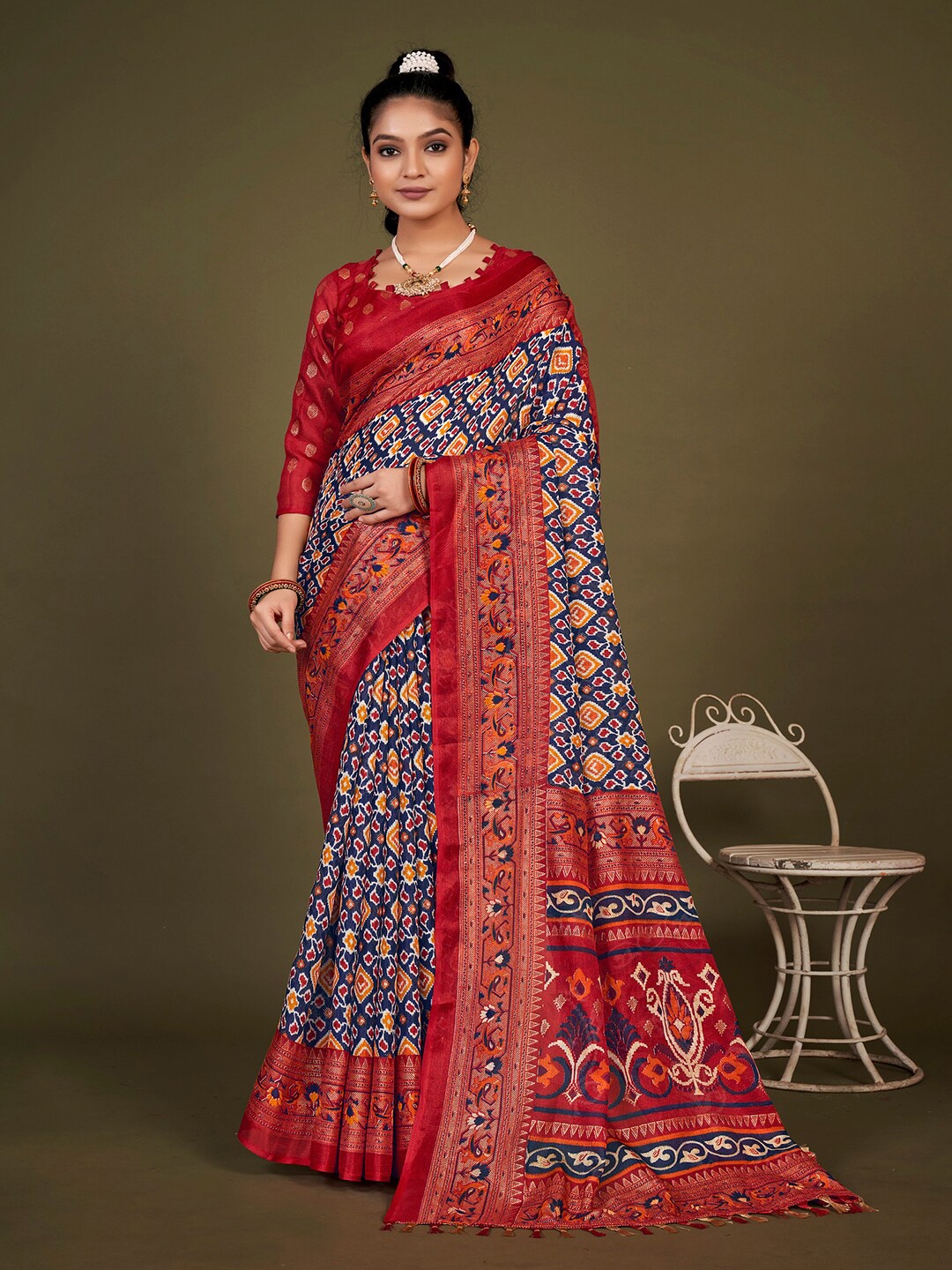 

KALINI Ethnic Motifs Printed Zari Jute Silk Patola Saree, Navy blue