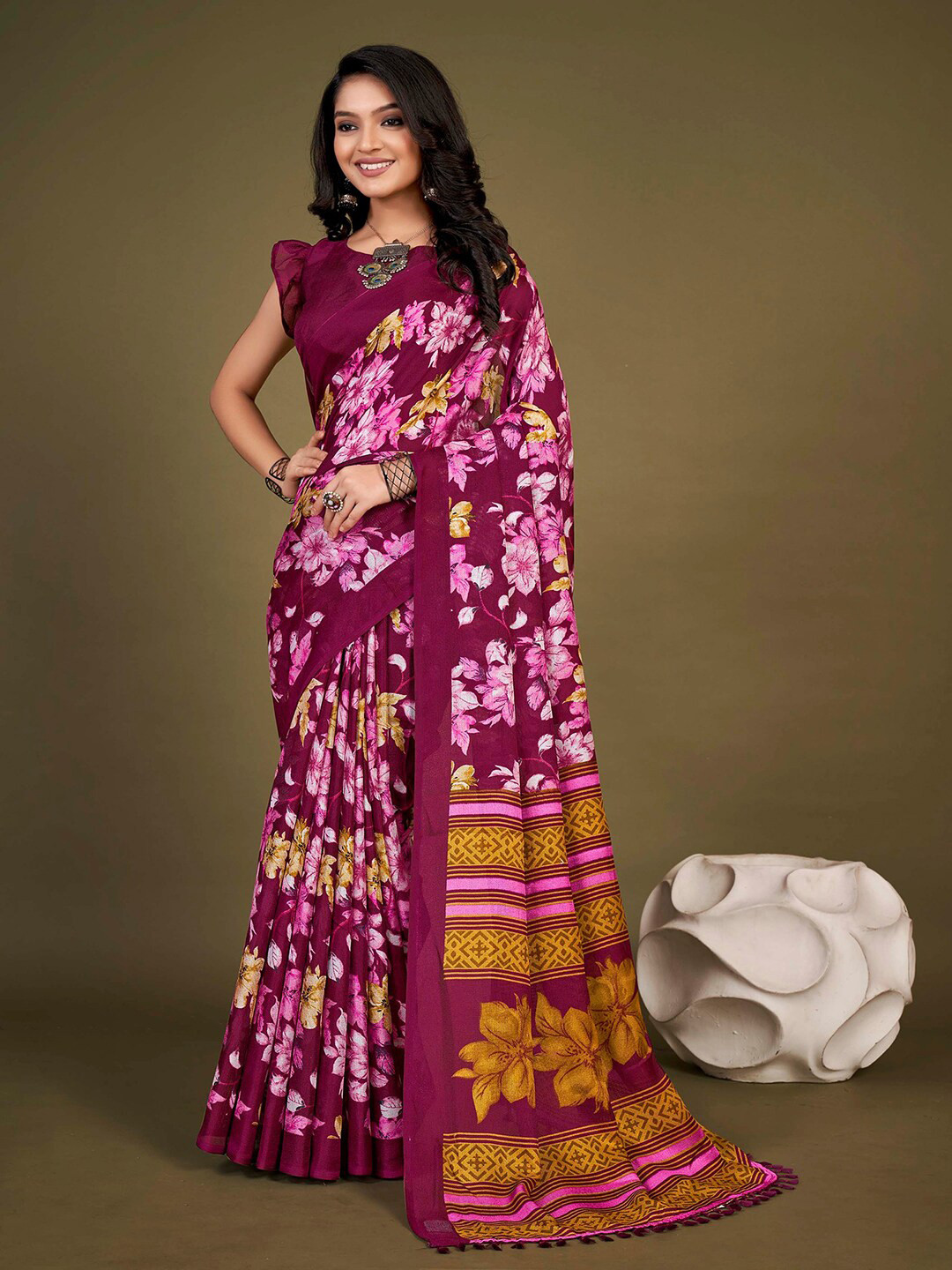 

KALINI Floral Printed Jute Silk Saree, Purple