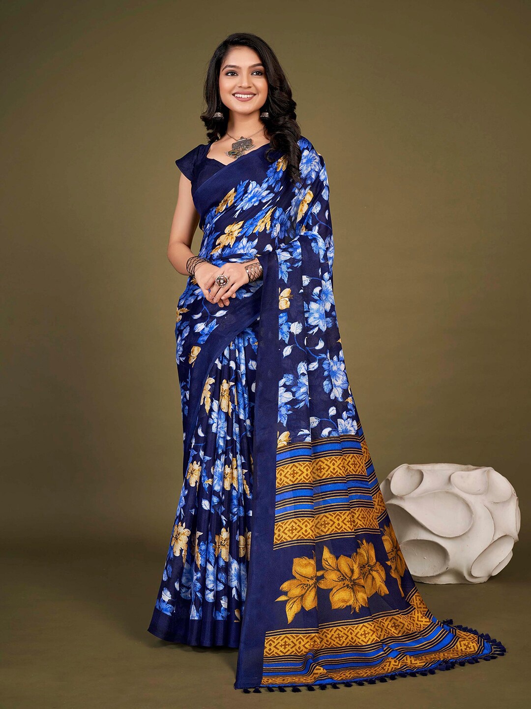 

KALINI Floral Printed Jute Silk Saree, Navy blue
