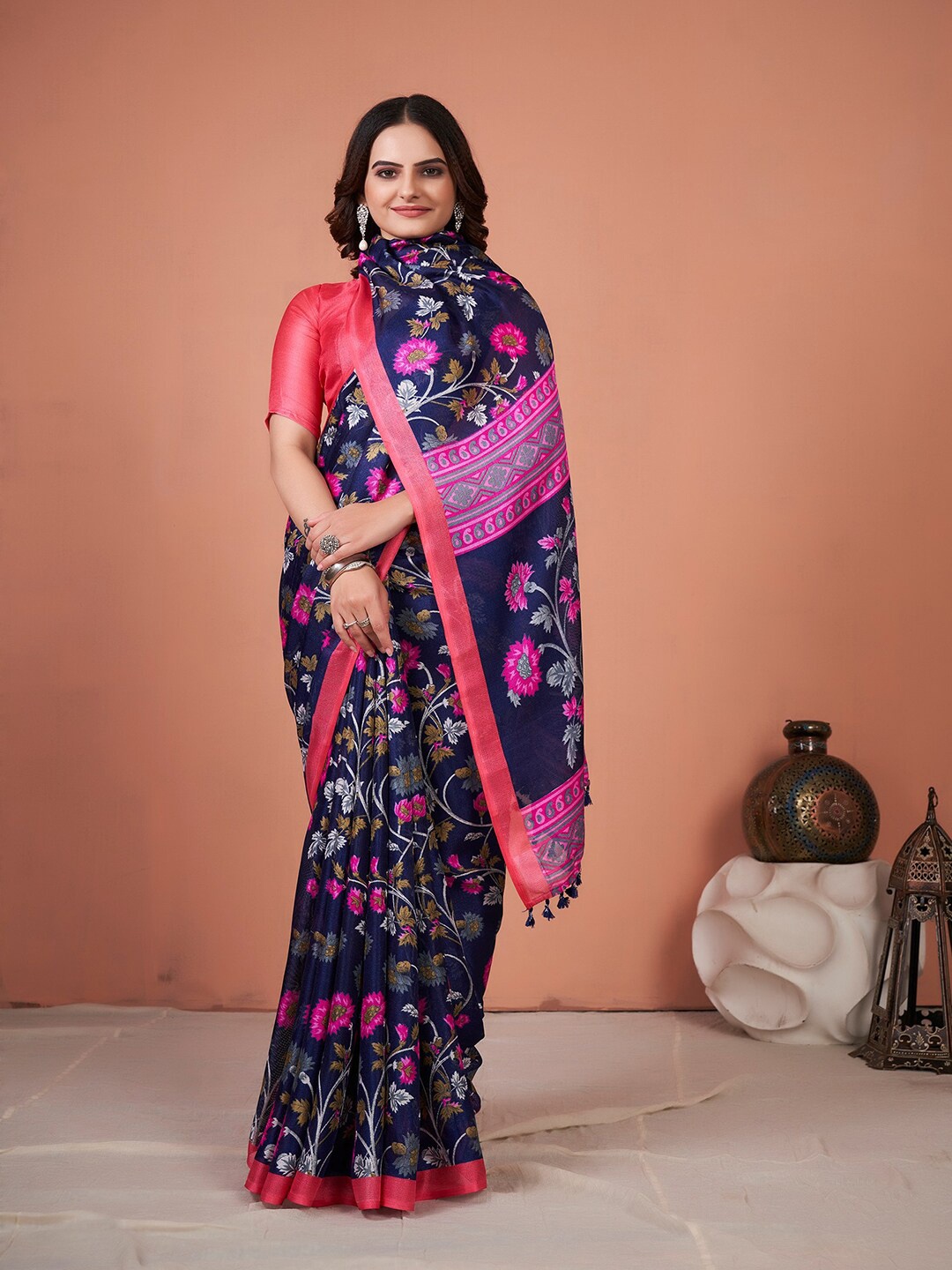 

KALINI Floral Printed Jute Silk Block Print Saree, Navy blue