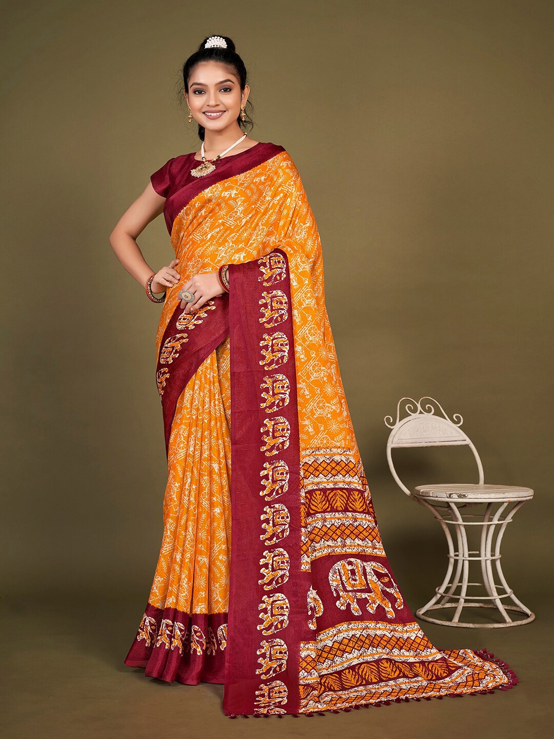 

KALINI Yellow & Maroon Jute Silk Dabu Saree