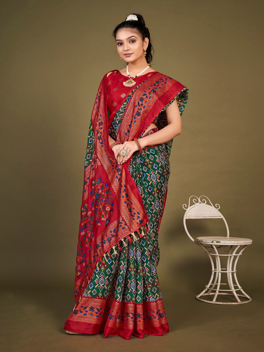 

KALINI Ethnic Motifs Printed Jute Silk Patola Saree, Green