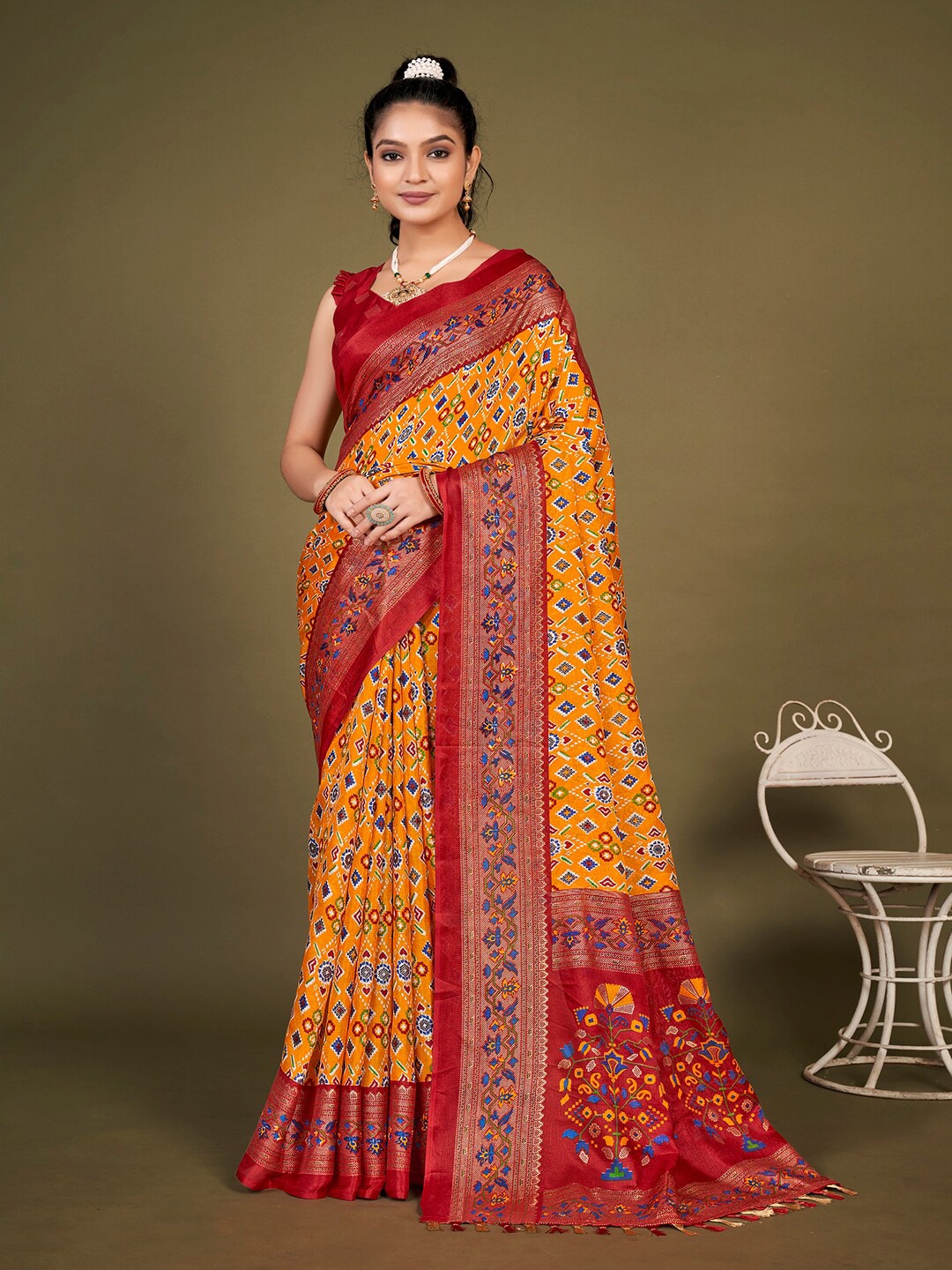 

KALINI Ethnic Motifs Printed Jute Silk Patola Saree, Yellow