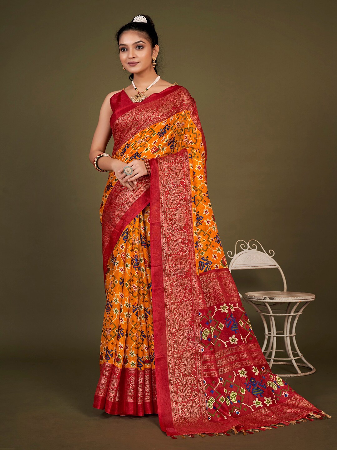 

KALINI Ethnic Motifs Jute Silk Patola Saree, Mustard