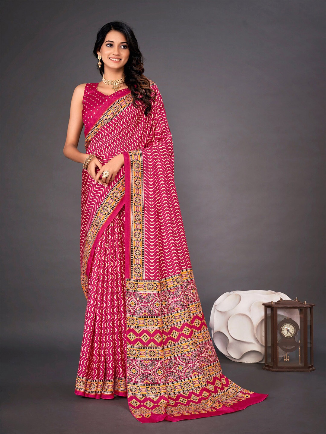 

KALINI Ethnic Motifs Printed Art Silk Bagh Saree, Pink