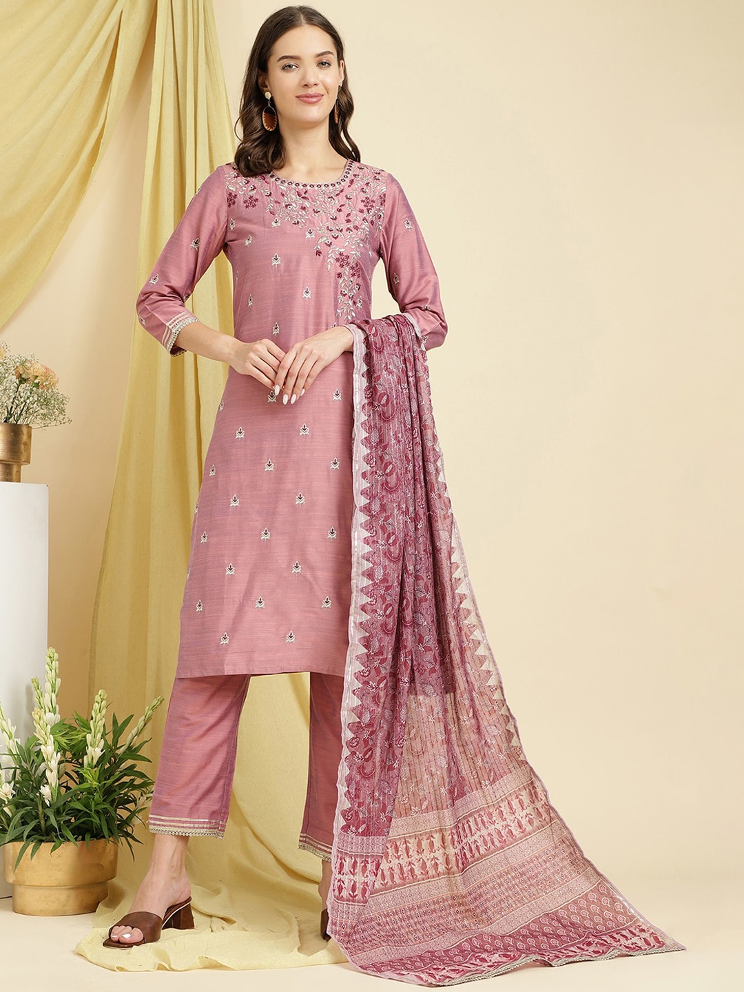 

Be Indi Embroidered Straight Silk Kurta Set with Trouser & Dupatta, Purple
