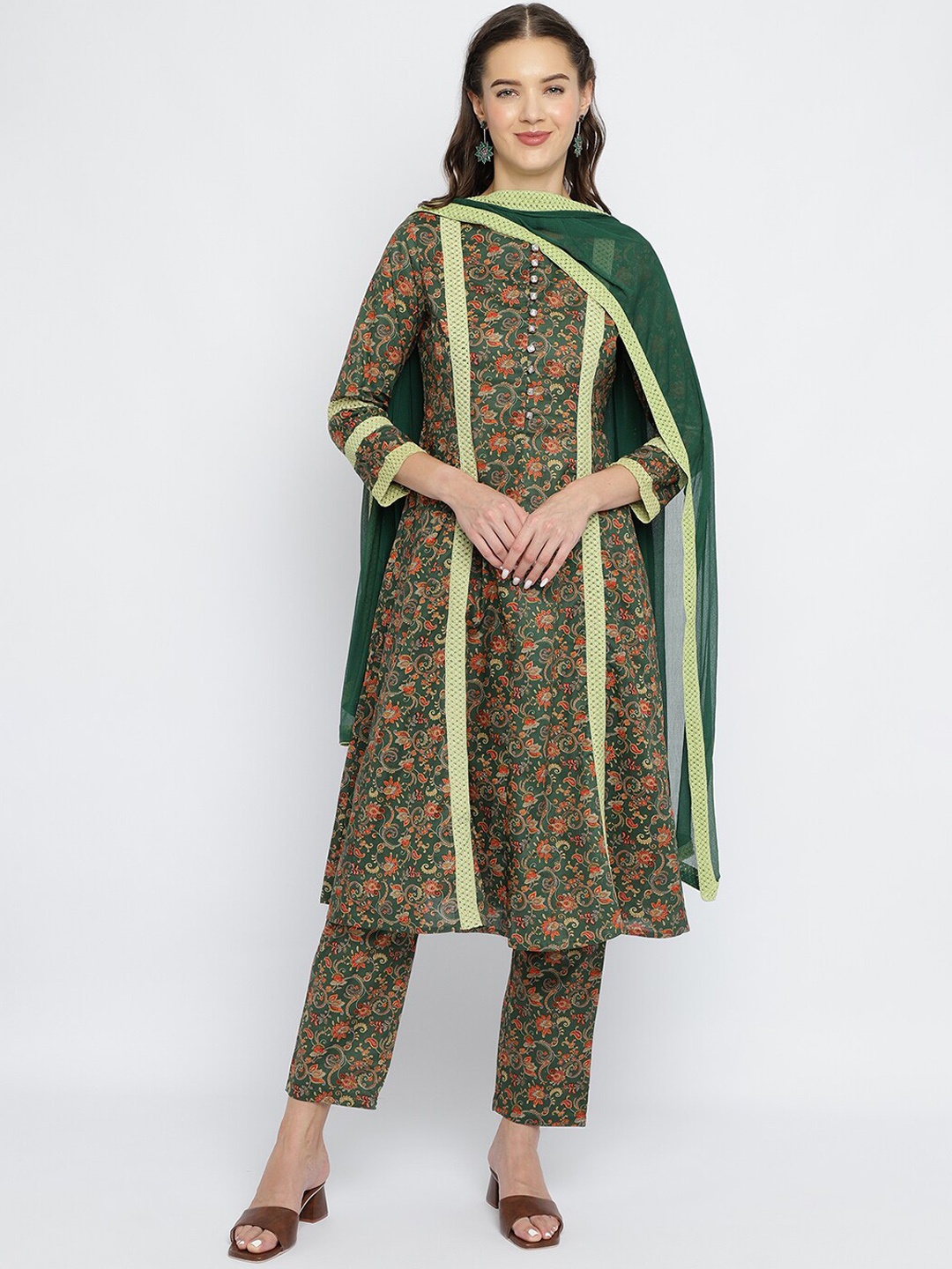 

Be Indi Women Ethnic Motifs Printed A-Line Kurta Set with Trouser & Dupatta, Green