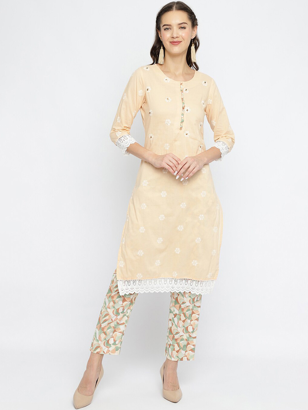 

Be Indi Women Floral Embroidered Straight Pure Cotton Kurta Set with Trouser, Peach