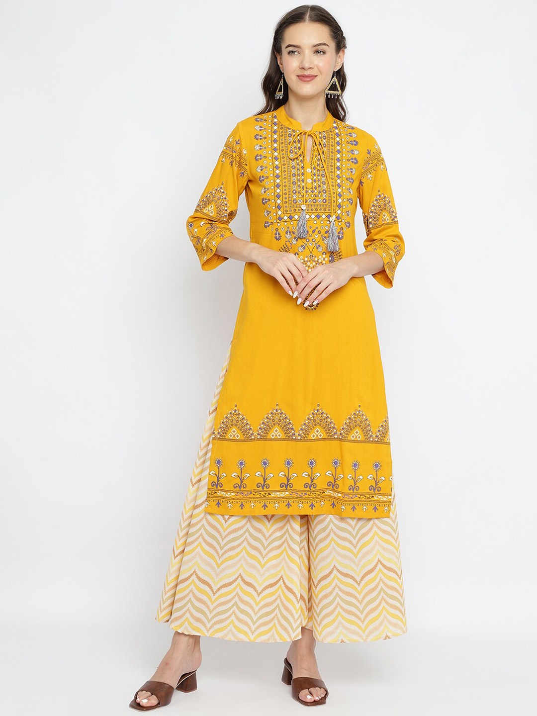 

Be Indi Printed Regular Beads and Stones Kurta with Trousers, Mustard