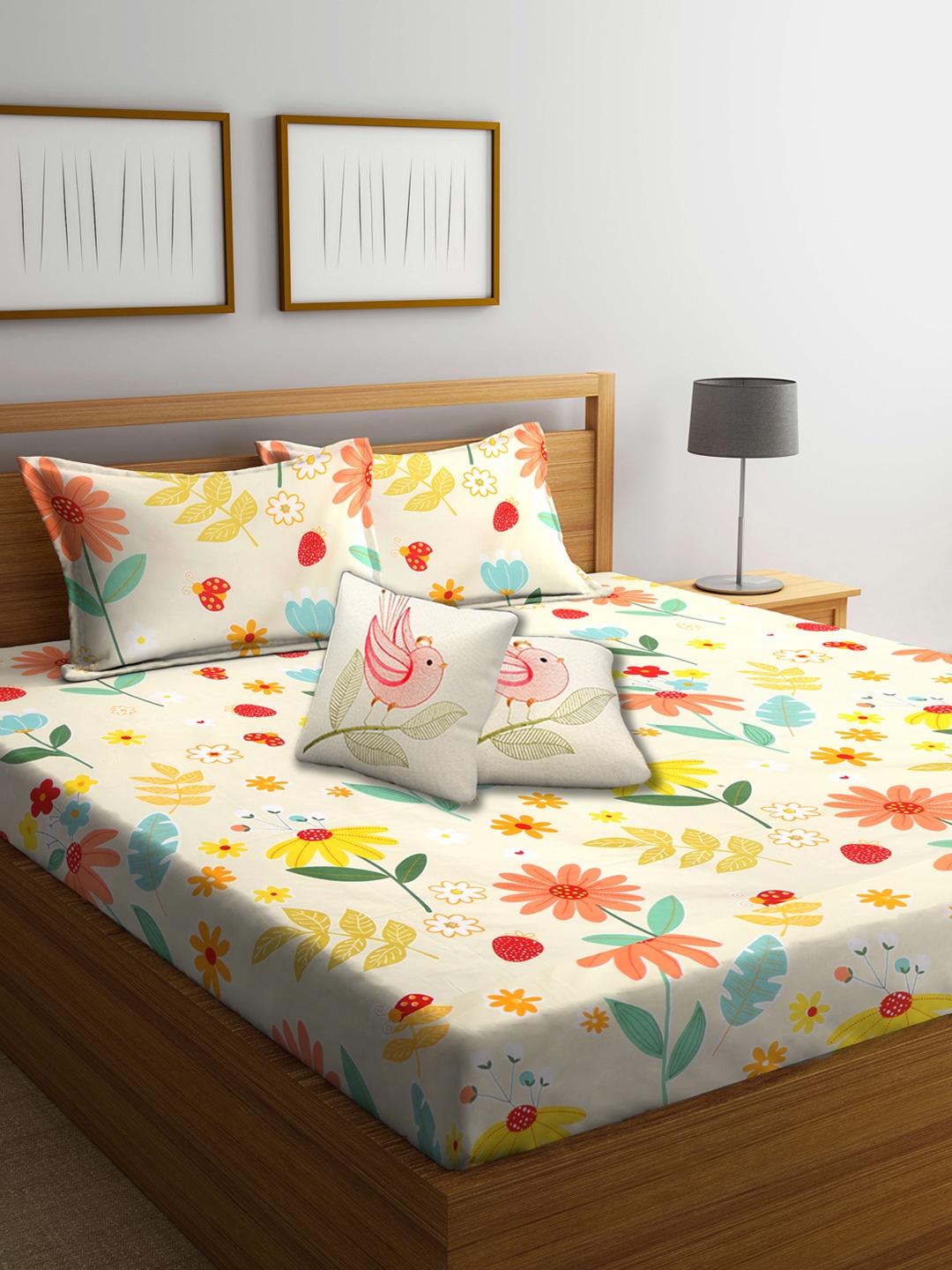 

KLOTTHE Red & Yellow 300TC Double King Bedsheet with 2 Pillow Covers & 2 Cushion Covers, White