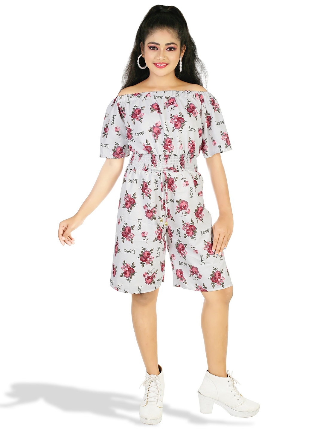 

CELEBRITY CLUB Girls Off-Shoulder Floral Printed Playsuit, Grey
