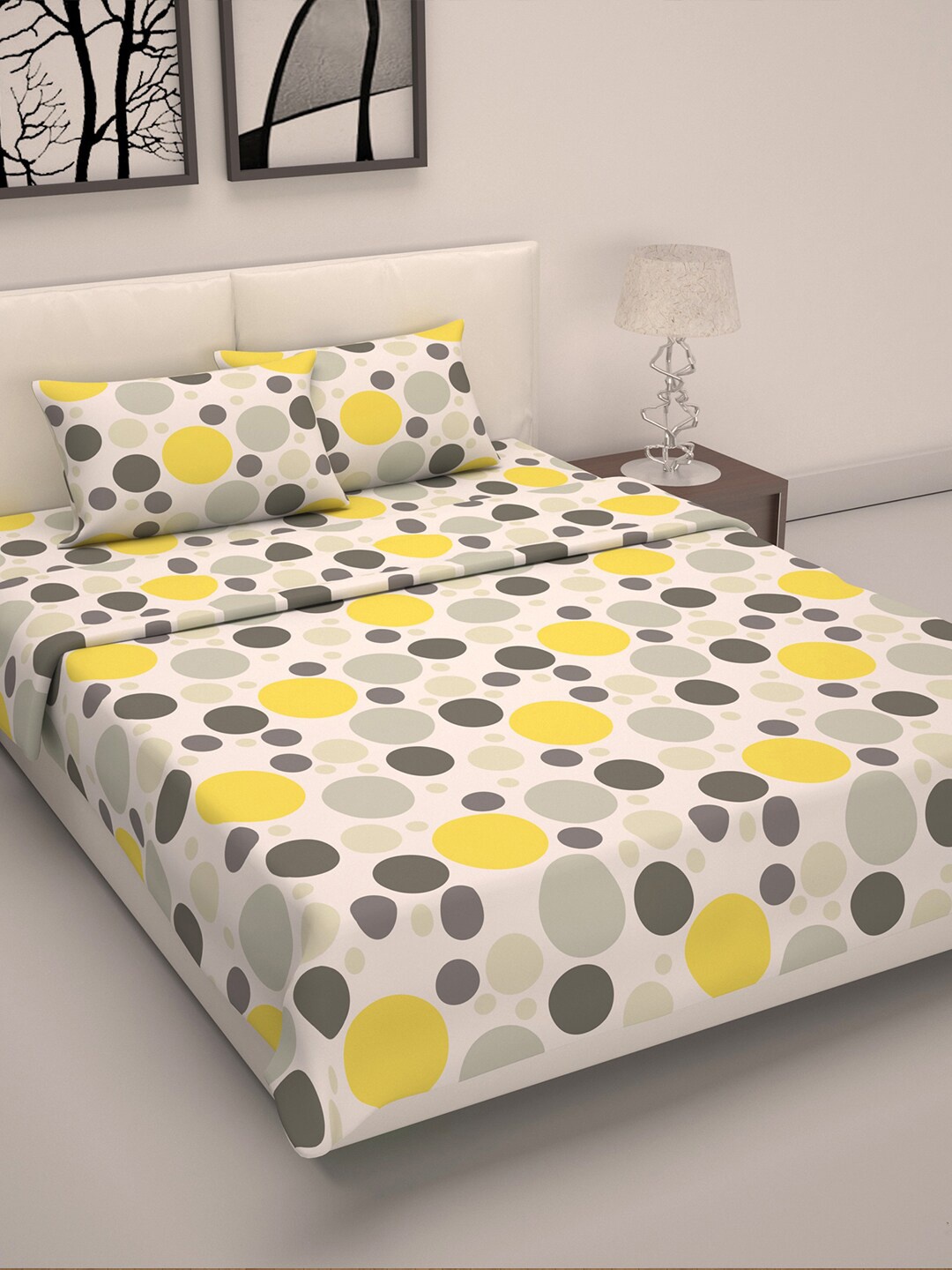 

Divine Casa Quarry Polka Dot Printed Bedding Sets Include 1 Double Bedsheet & 1 Dohar, White