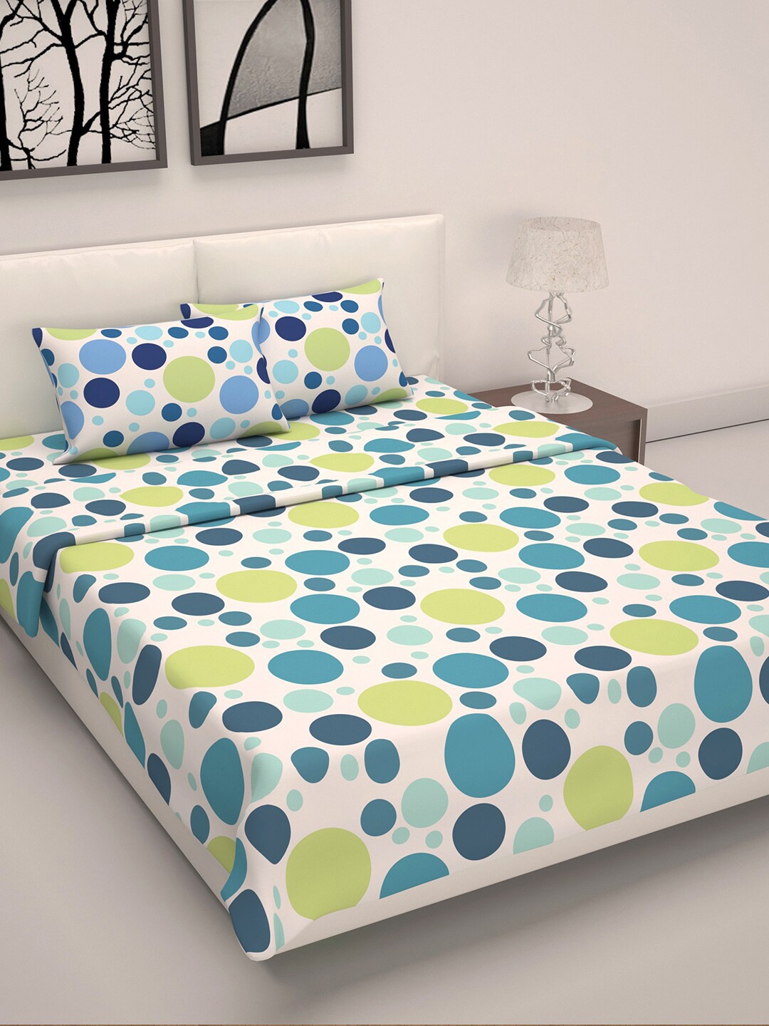 

Divine Casa Polka Dot Printed Bedding Sets Include 1 Double Bedsheet & 1 Dohar, Blue