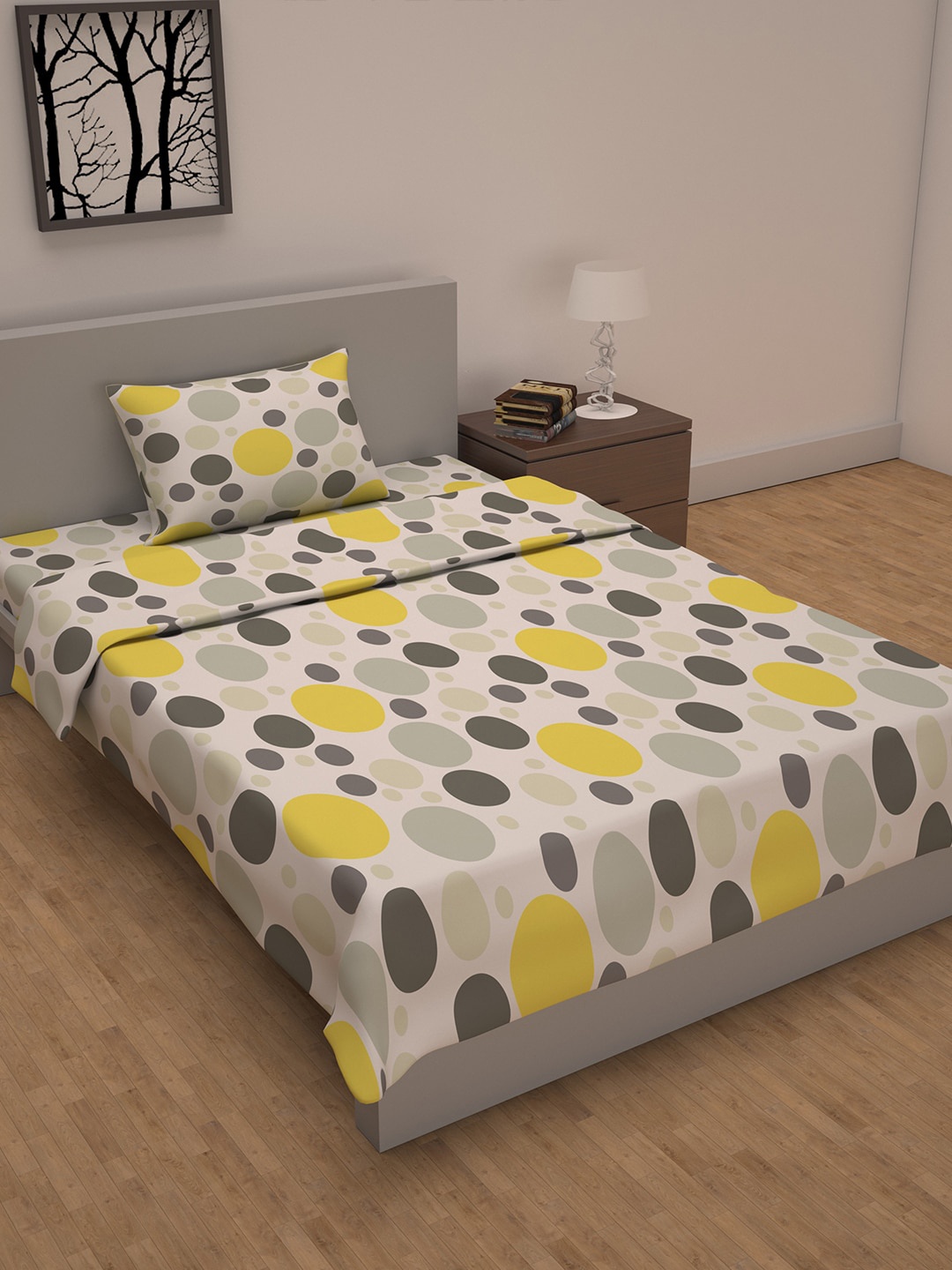 

Divine Casa Quarry Polka Dot Printed Bedding Sets Include 1 Single Bedsheet & 1 Dohar, White