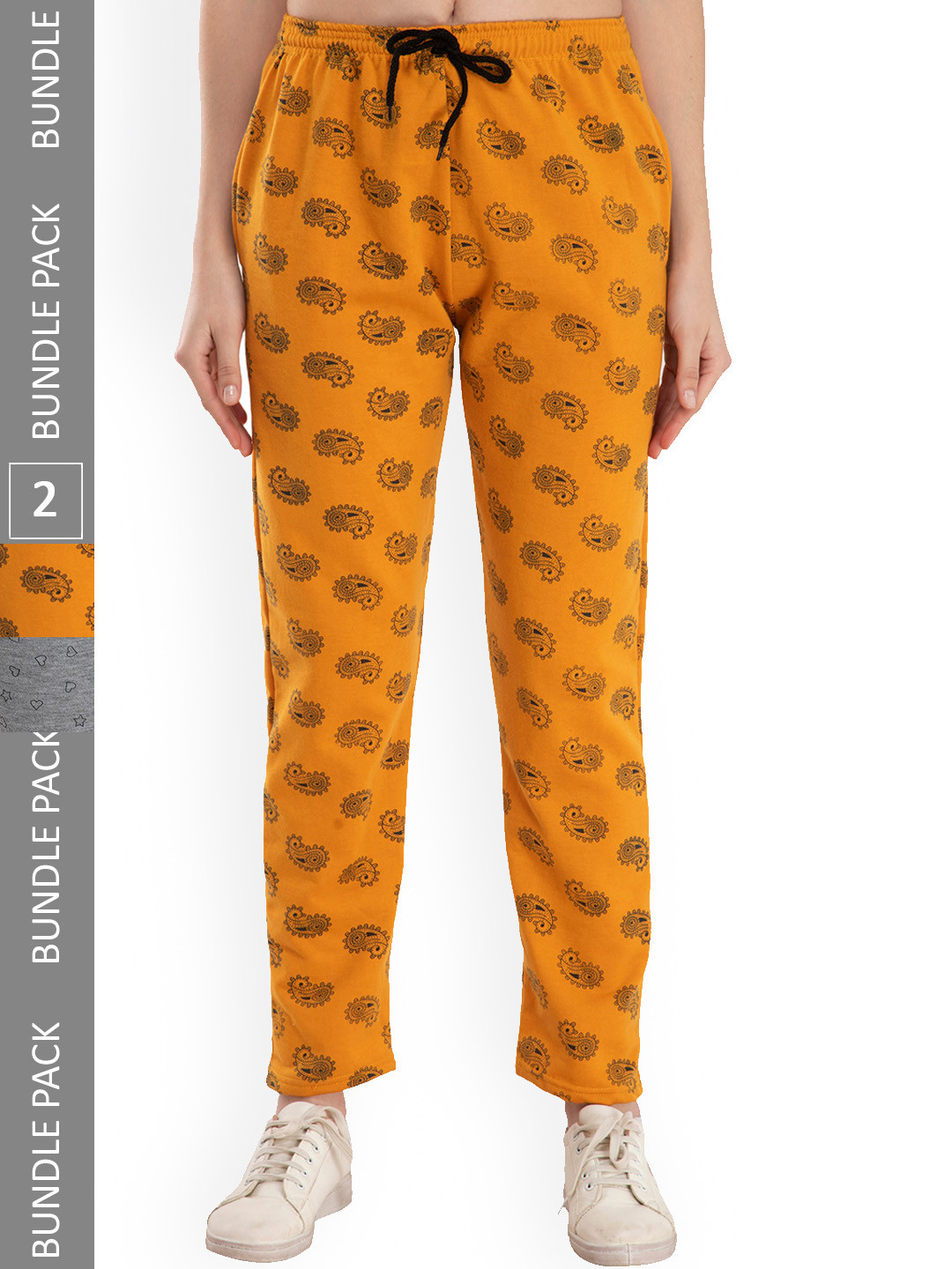 

IndiWeaves Women Pack Of 2 Floral Printed Mid Rise Fleece Track Pants, Yellow