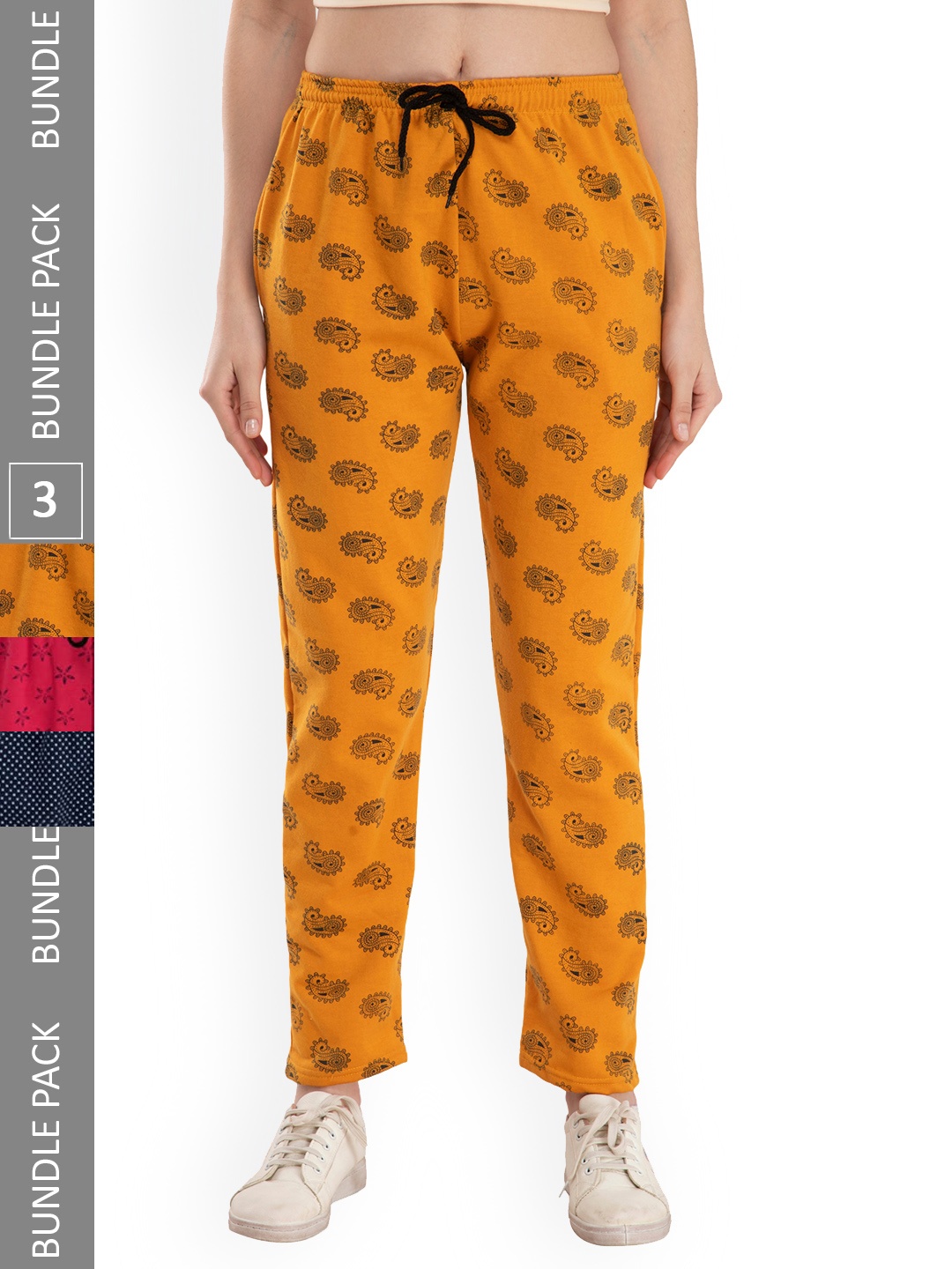 

IndiWeaves Women Pack Of 3 Printed Fleece Track Pants, Yellow