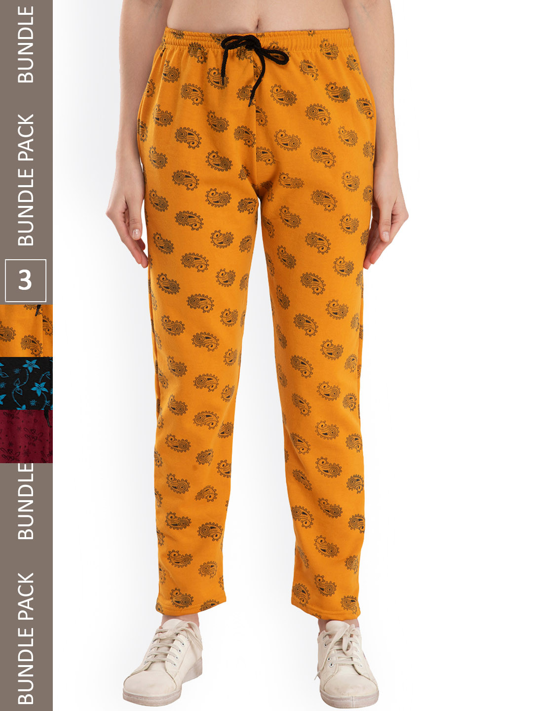 

IndiWeaves Women Pack Of 3 Floral Printed Mid Rise Fleece Track Pants, Yellow