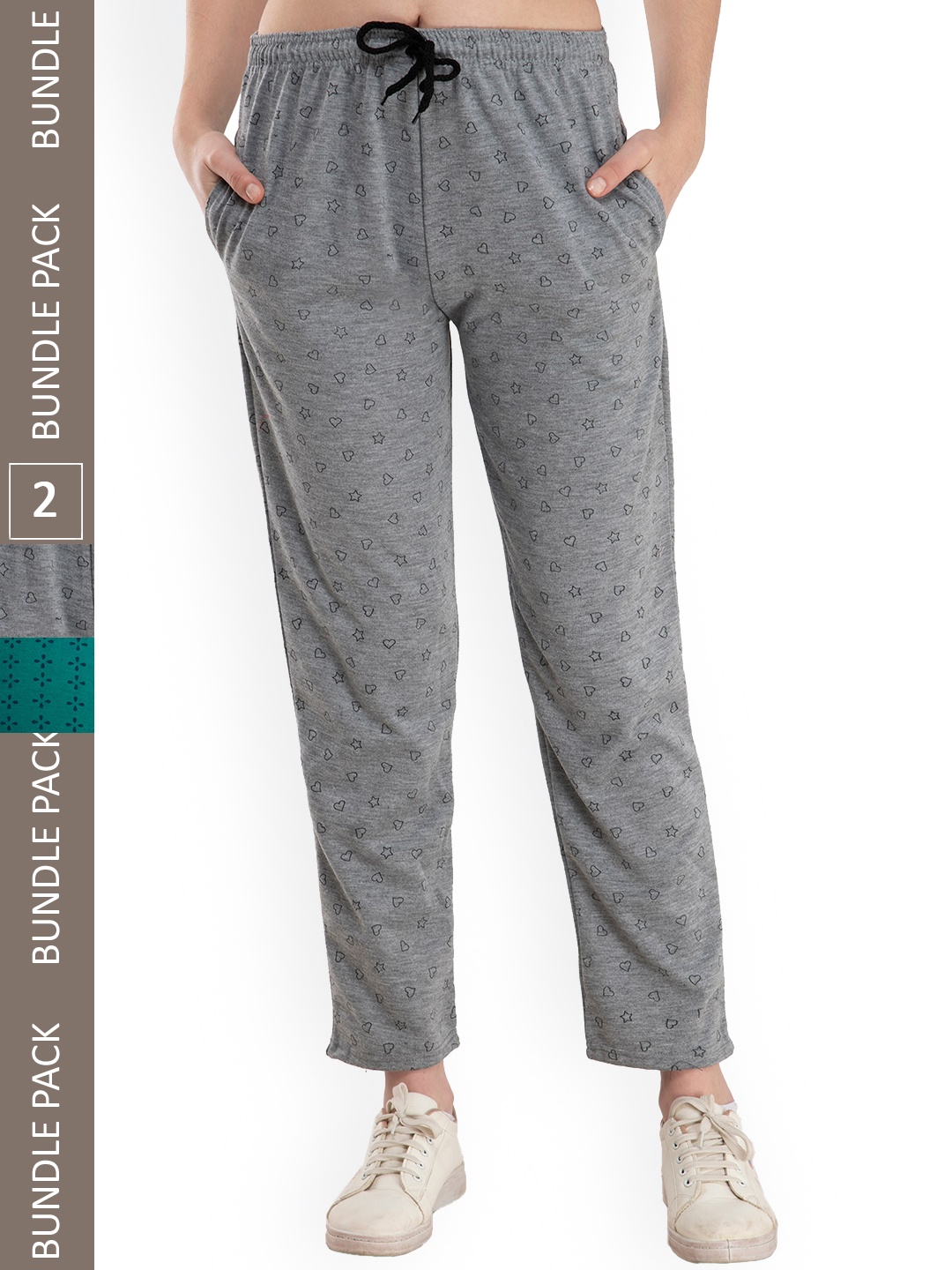 

IndiWeaves Women Pack Of 2 Conversational Printed Track Pants, Grey