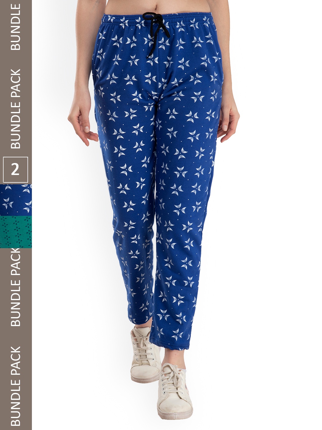 

IndiWeaves Pack Of 2 Floral Printed Mid Rise Fleece Track Pants, Blue
