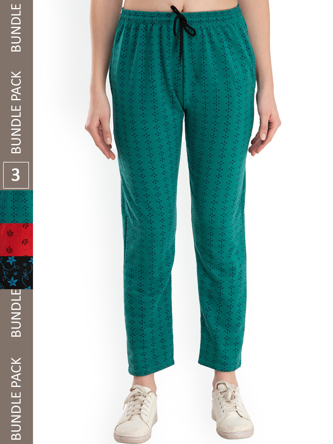 

IndiWeaves Women Pack Of 3 Floral Printed Fleece Track Pants, Green