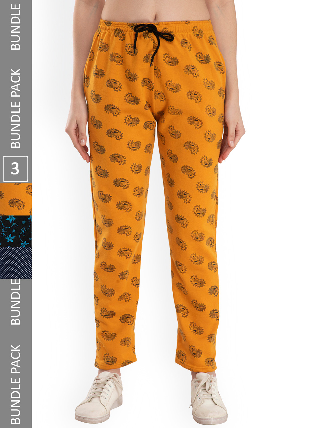 

IndiWeaves Women Pack Of 3 Floral Printed Mid Rise Fleece Track Pants, Yellow
