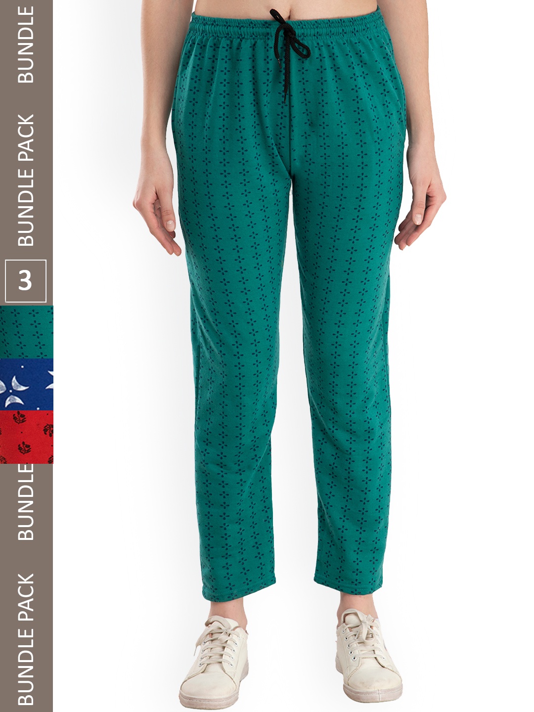 

IndiWeaves Women Pack Of 3 Floral Printed Mid Rise Fleece Track Pants, Green