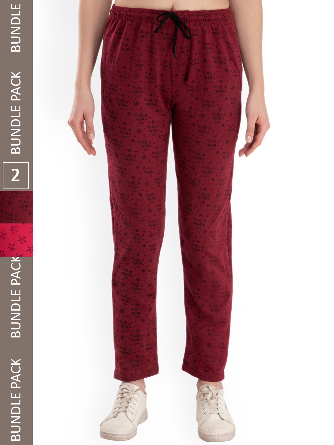 

IndiWeaves Women Pack of 2 Printed Fleece Track Pants, Maroon