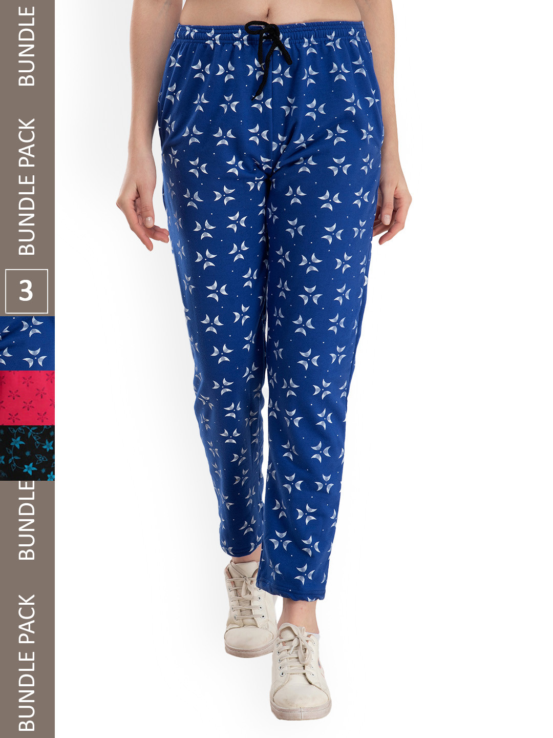 

IndiWeaves Women Pack Of 3 Floral Printed Fleece Track Pants, Blue