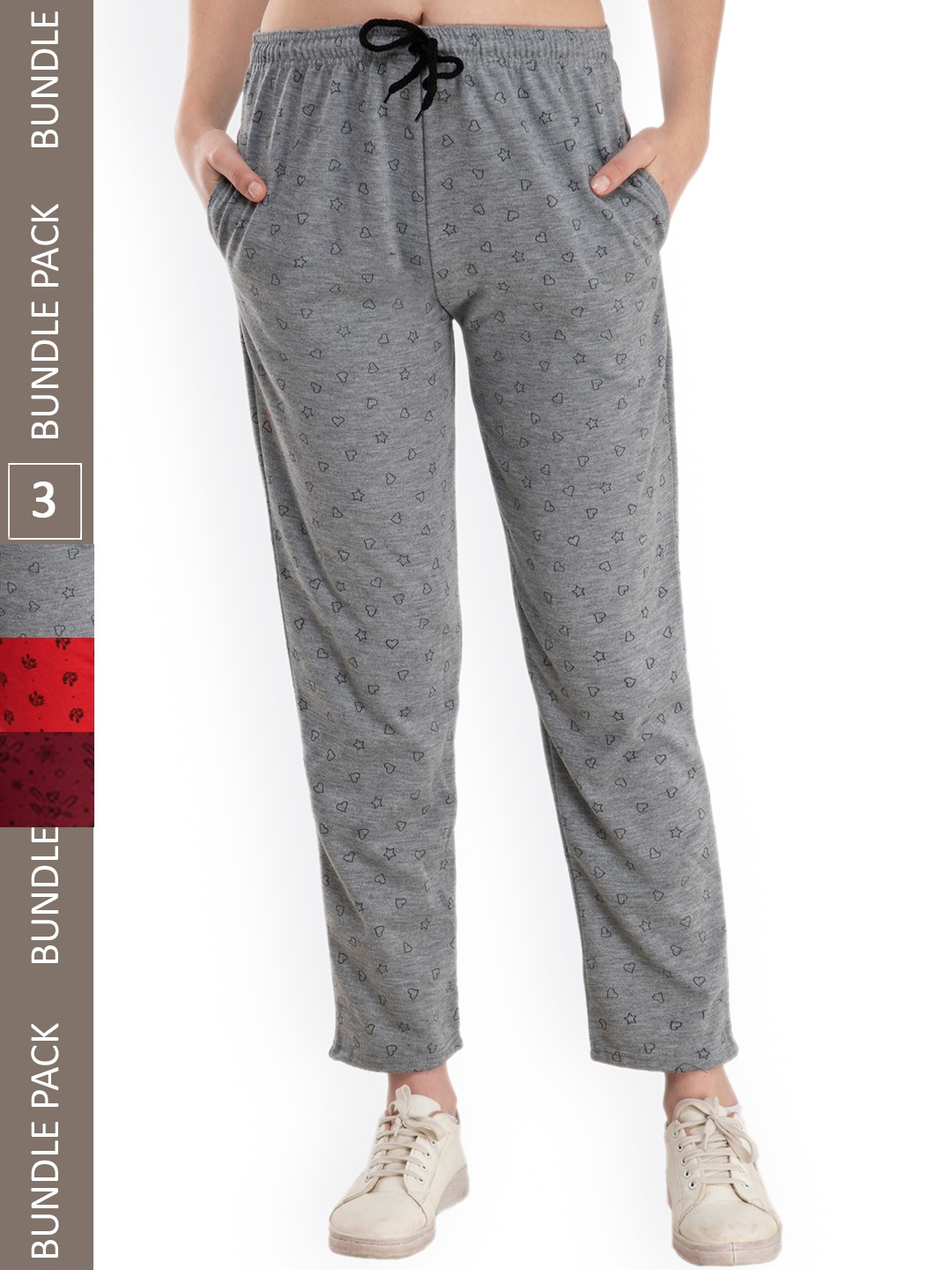 

IndiWeaves Women Pack Of 3 Conversational Printed Track Pants, Grey