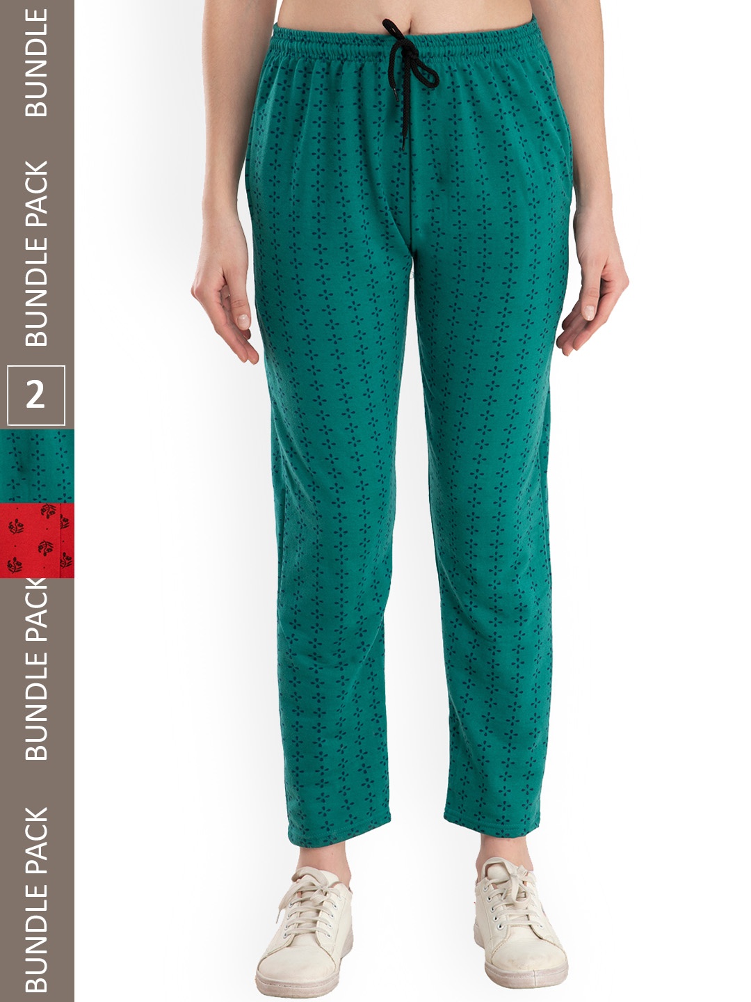 

IndiWeaves Women Pack Of 2 Printed Fleece Track Pants, Green