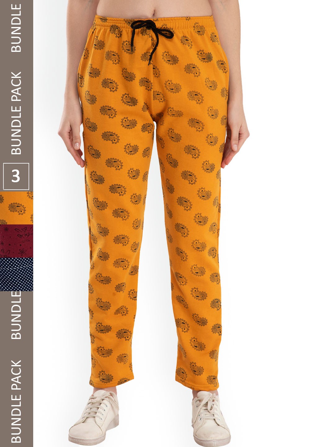 

IndiWeaves Women Pack Of 3 Printed Fleece Track Pants, Yellow
