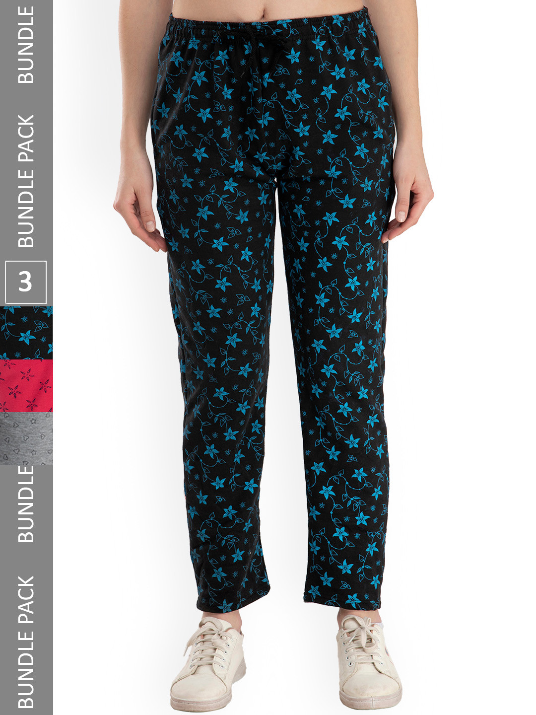 

IndiWeaves Women Pack of 3 Floral Printed Fleece Track Pants, Black