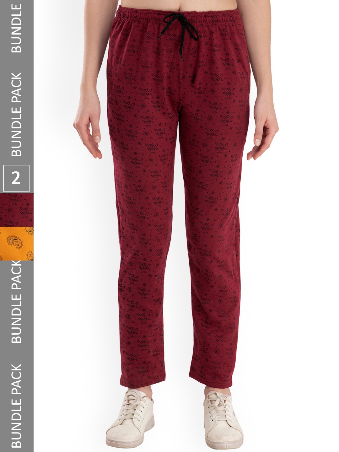 

IndiWeaves Women Pack of 2 Printed Track Pants, Maroon