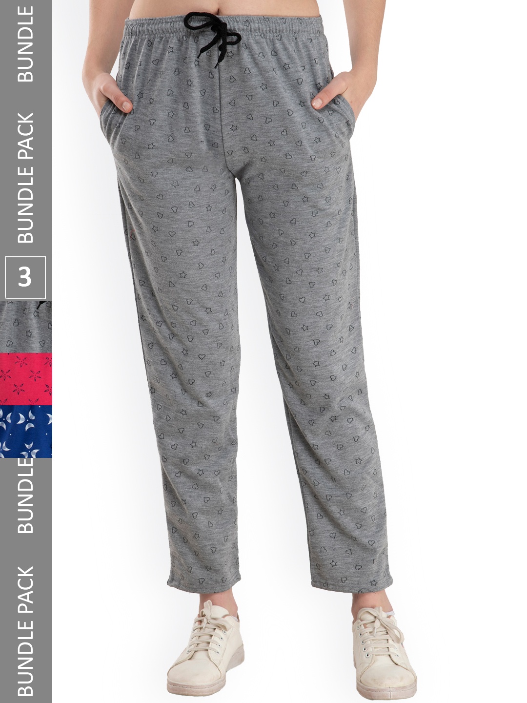 

IndiWeaves Women Pack Of 3 Printed Fleece Track Pants, Grey