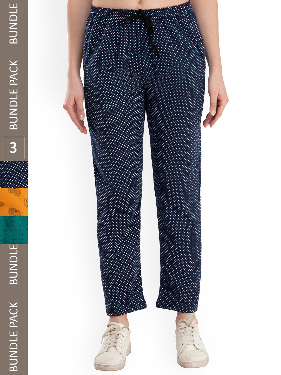 

IndiWeaves Women Pack Of 3 Polka Dots Printed Fleece Track Pants, Navy blue