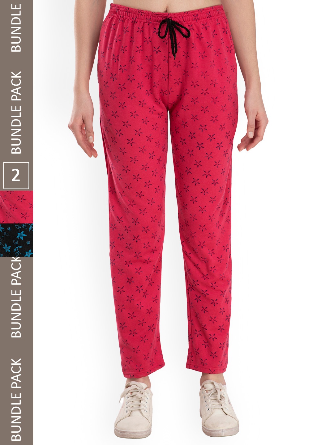 

IndiWeaves Women Pack Of 2 Floral Printed Fleece Track Pants, Red