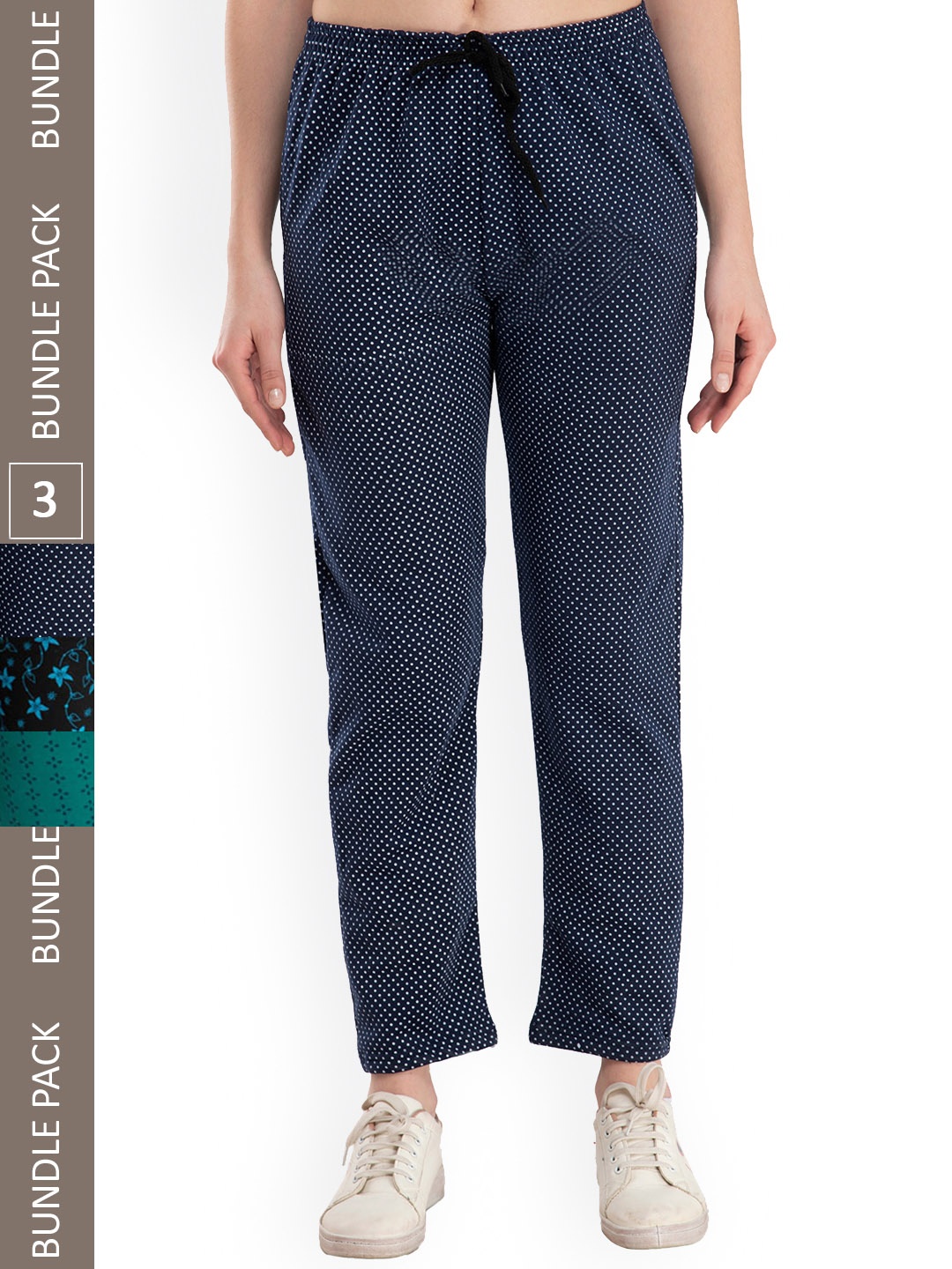 

IndiWeaves Women Pack Of 3 Floral Printed Mid Rise Fleece Track Pants, Navy blue