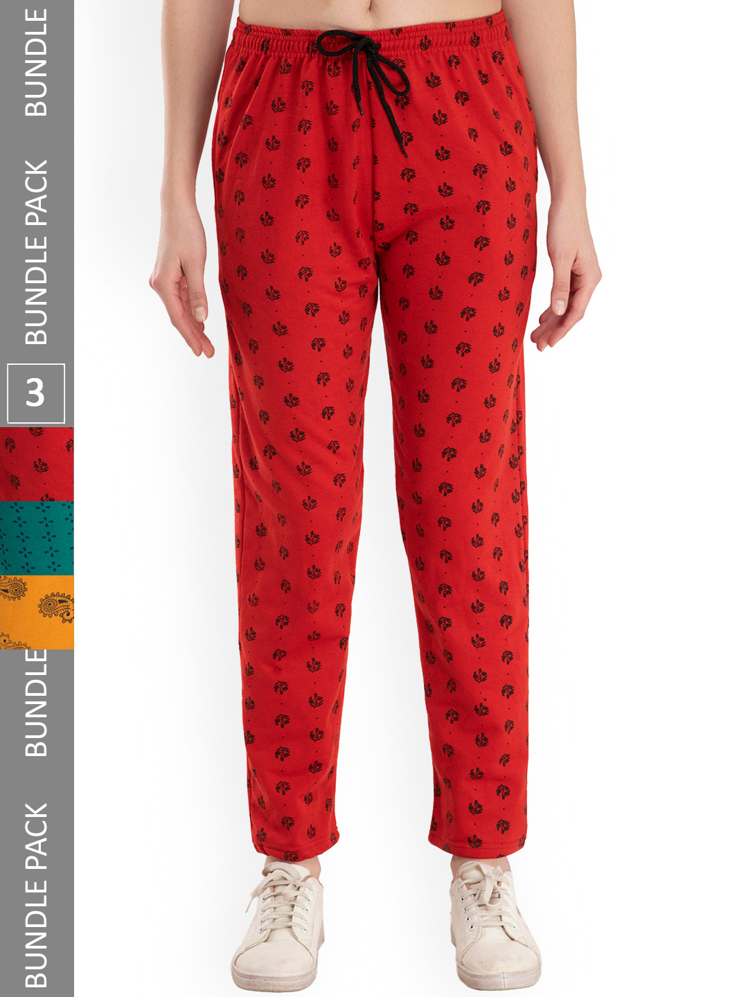 

IndiWeaves Women Pack Of 3 Floral Printed Mid Rise Fleece Track Pants, Red
