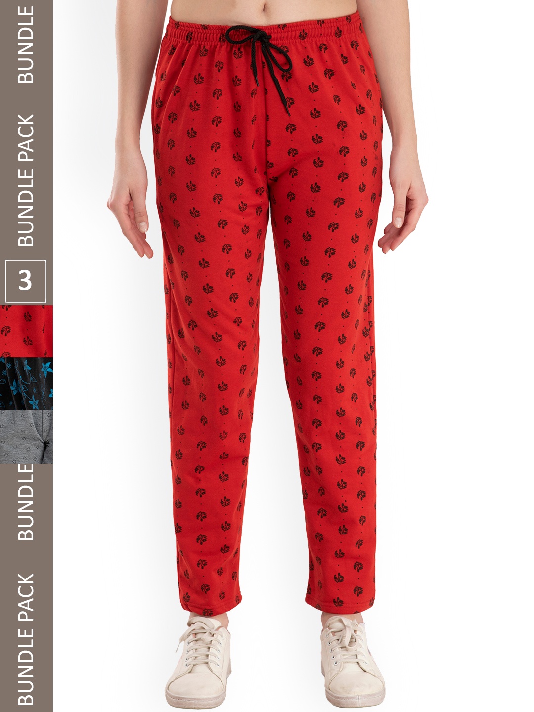 

IndiWeaves Women Pack Of 3 Printed Fleece Track Pants, Red