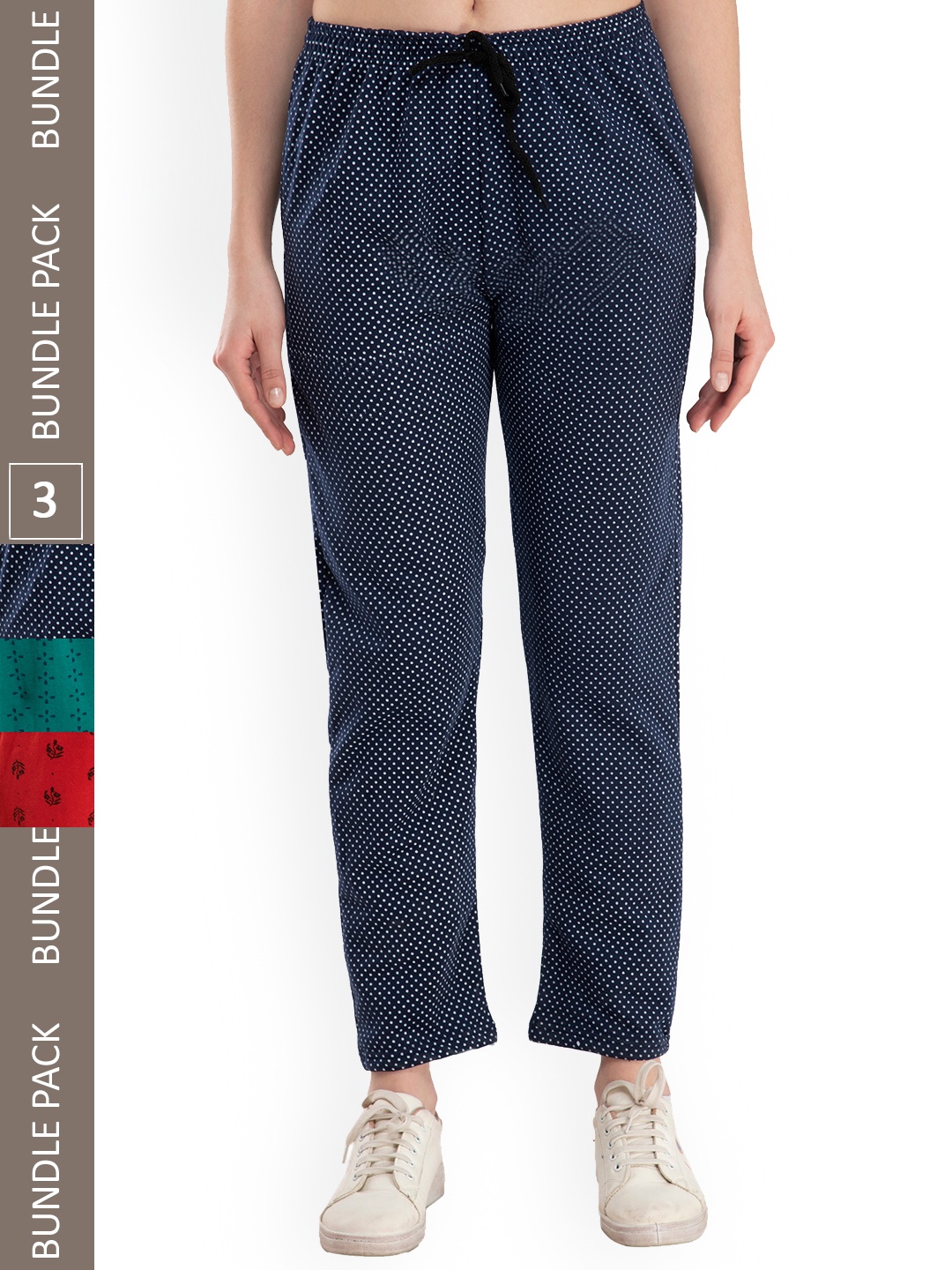 

IndiWeaves Women Pack Of 3 Floral Printed Mid Rise Fleece Track Pants, Navy blue