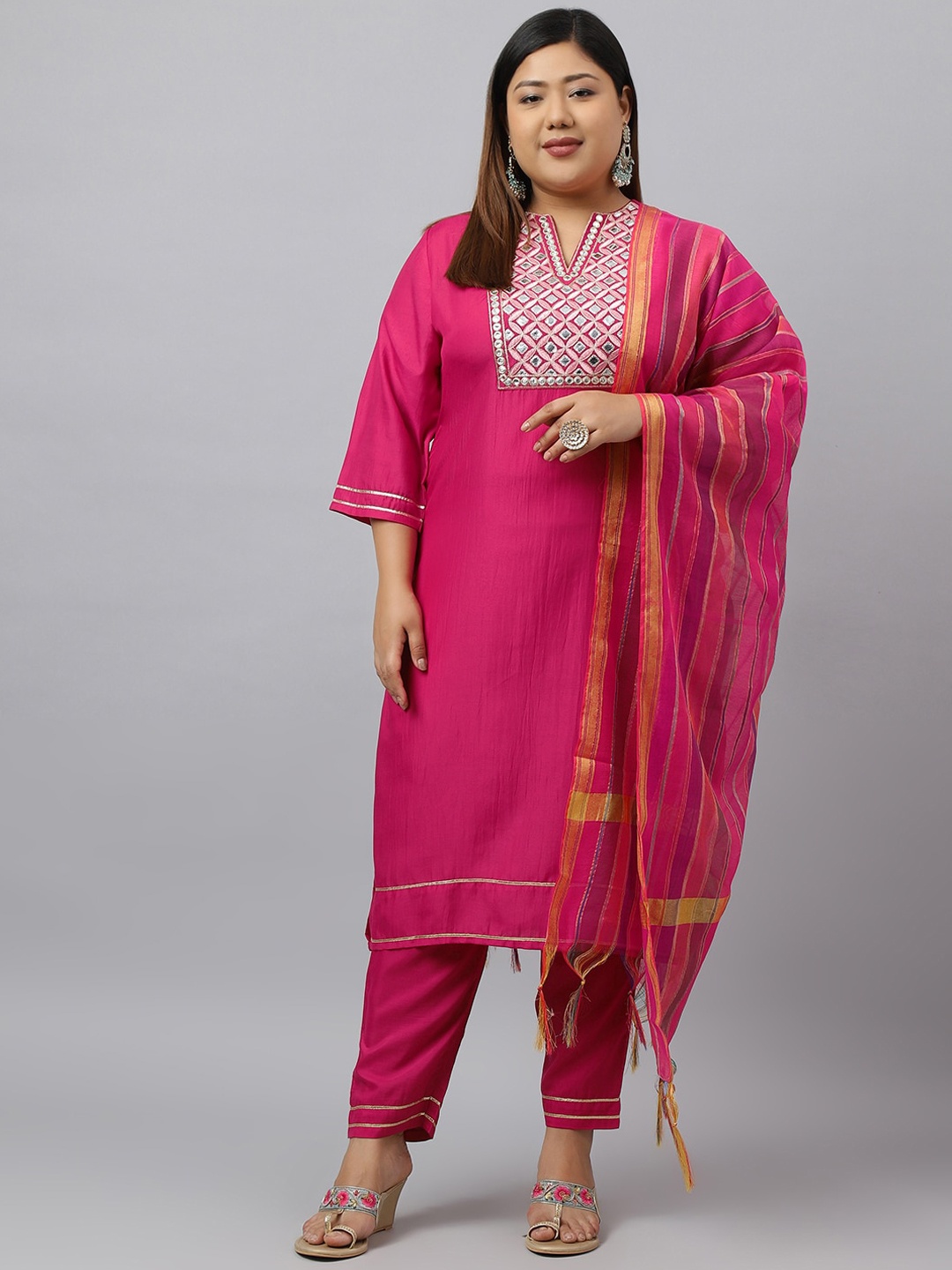 

KALINI Floral Embroidered Mirror Work Kurta With Trousers & Dupatta, Pink