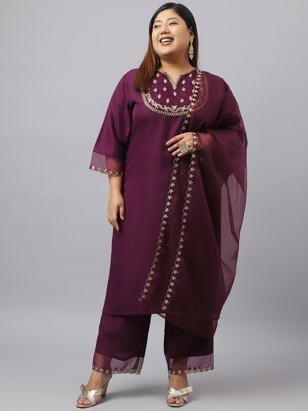 

KALINI Floral Embroidered Thread Work Kurta With Trousers & Dupatta, Purple