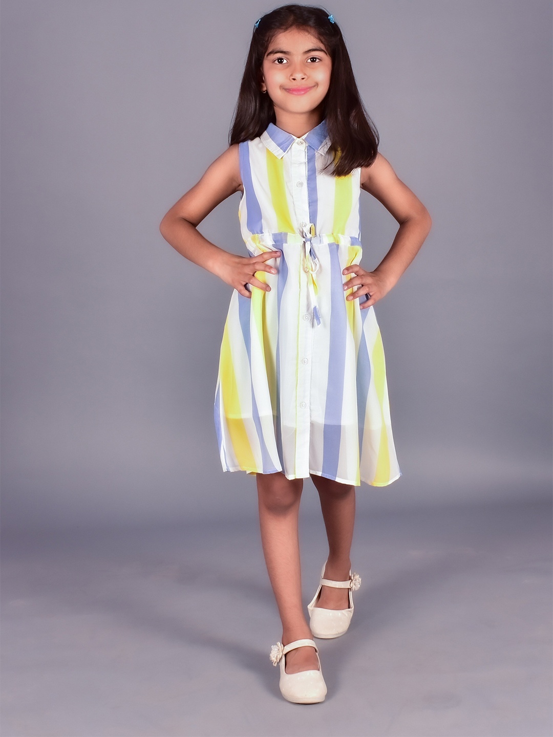 

misbis Girls Striped Sleeveless Georgette Shirt Dress, White