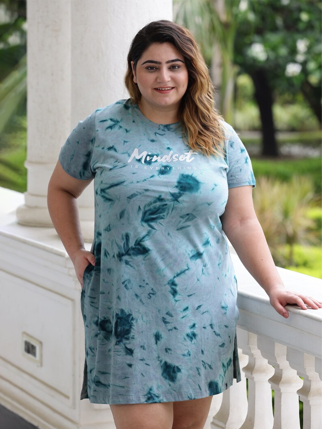 

TITTLI Plus Size Typography Printed Pure Cotton T-Shirt Nightdress, Blue