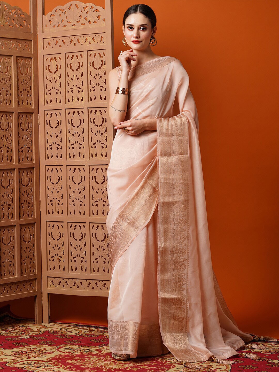 

Anouk Woven Design Zari Organza Saree, Peach